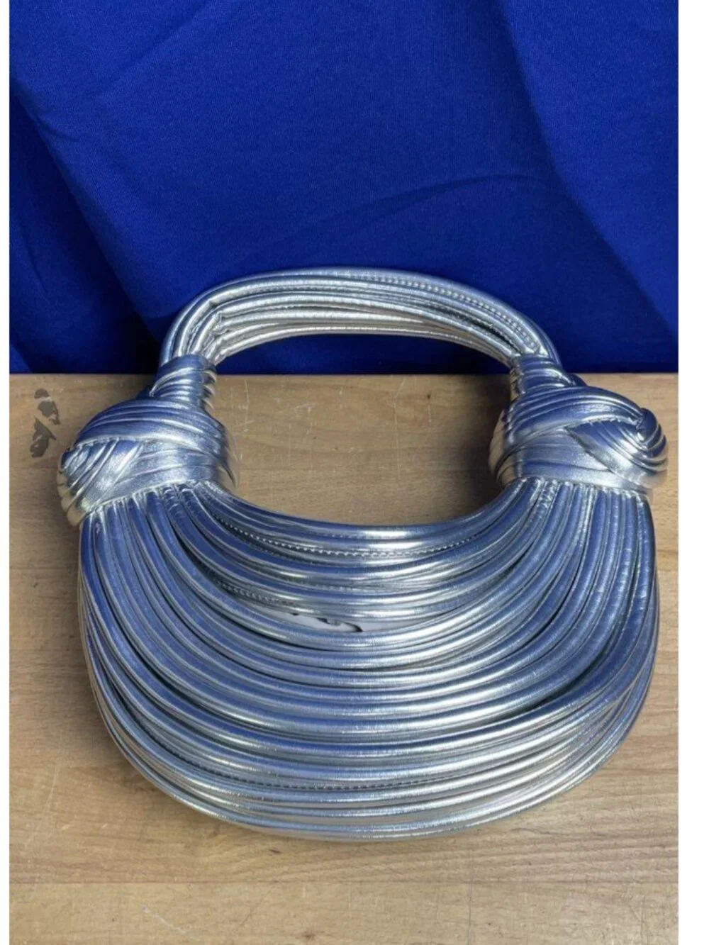 Metallic Silver Tubular Crescent Spaghetti Noodle Hobo Bag - Knotted Strap